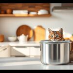 Ultra-realistic 8K image of a sleek stainless steel cat food storage container with an airtight lid, placed on a clean modern kitchen countertop, soft natural light streaming in, subtle reflection on the metal surface, a small playful cat sitting beside it looking curious, warm and inviting color tones, minimalist and clutter-free background, lifestyle magazine aesthetic