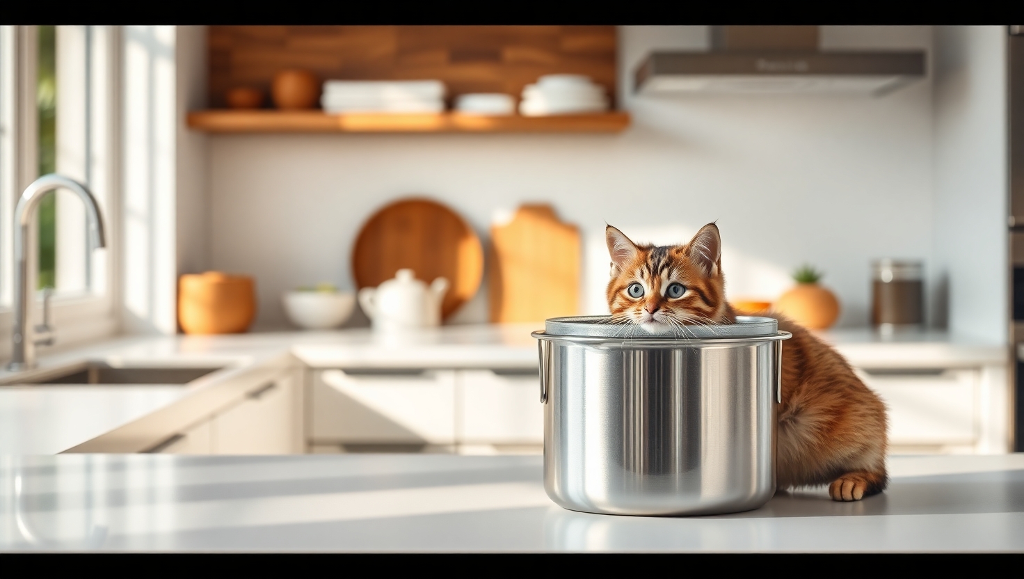 Ultra-realistic 8K image of a sleek stainless steel cat food storage container with an airtight lid, placed on a clean modern kitchen countertop, soft natural light streaming in, subtle reflection on the metal surface, a small playful cat sitting beside it looking curious, warm and inviting color tones, minimalist and clutter-free background, lifestyle magazine aesthetic