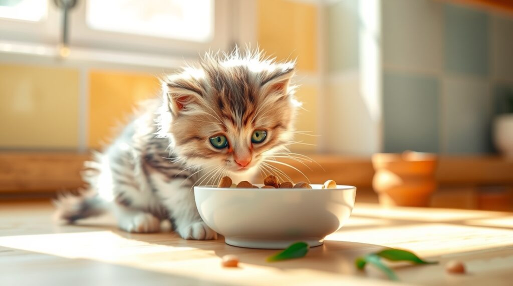 Kitten eating from a bowl of wet cat food during feeding time, perfect portion for its weight.