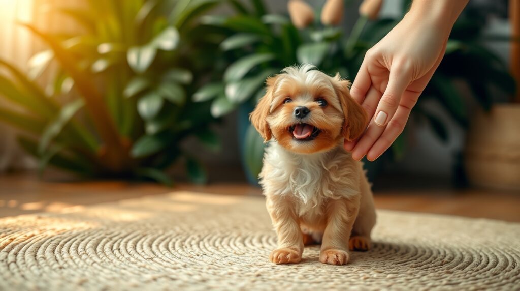 A teacup poodle puppy happily receiving an organic dog treat from a human hand during a training session, natural jute rug on the floor, greenery in the background, soft golden lighting, joyful and warm atmosphere.