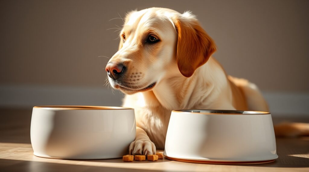 Labrador or Golden Retriever sitting beside a full food bowl, looking away from it, with treat crumbs near his paw — bright indoor lighting, natural expression.