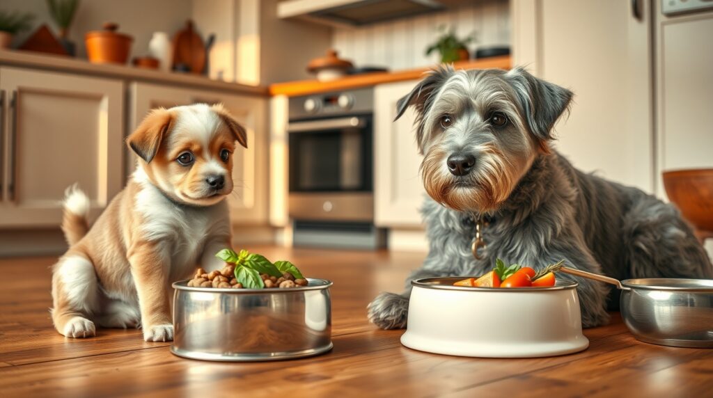 Cute puppy and senior dog sitting beside food bowls in a kitchen, balanced meal concept, cozy light