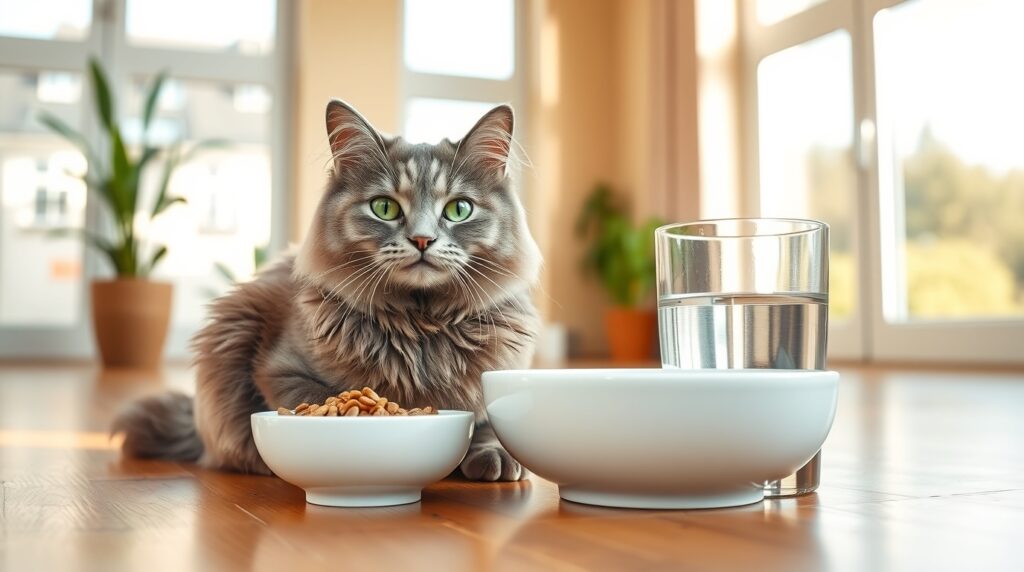 A happy cat sitting beside a bowl of food and clean water in a bright modern home, aesthetic composition, soft shadows, natural light, minimalist background, realistic pet care photo