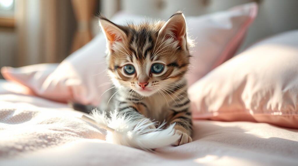 An adorable kitten playing with a feather toy on a cozy bed with pillows, pastel color palette, morning light streaming in, lifestyle aesthetic, ultra-realistic photography style.