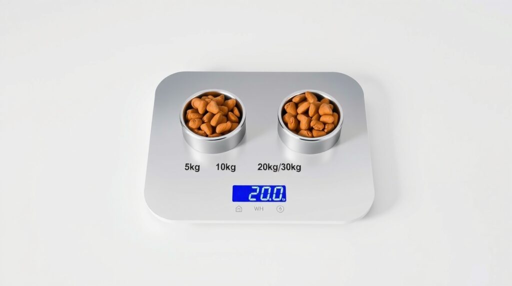 Digital scale with measured dog food portions labeled 5kg, 10kg, 20kg, 30kg dogs