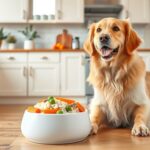 A happy Golden Retriever sitting beside a bowl of fresh homemade dog food with visible chicken, rice, carrots, and peas, bright daylight kitchen background, clean and cozy atmosphere
