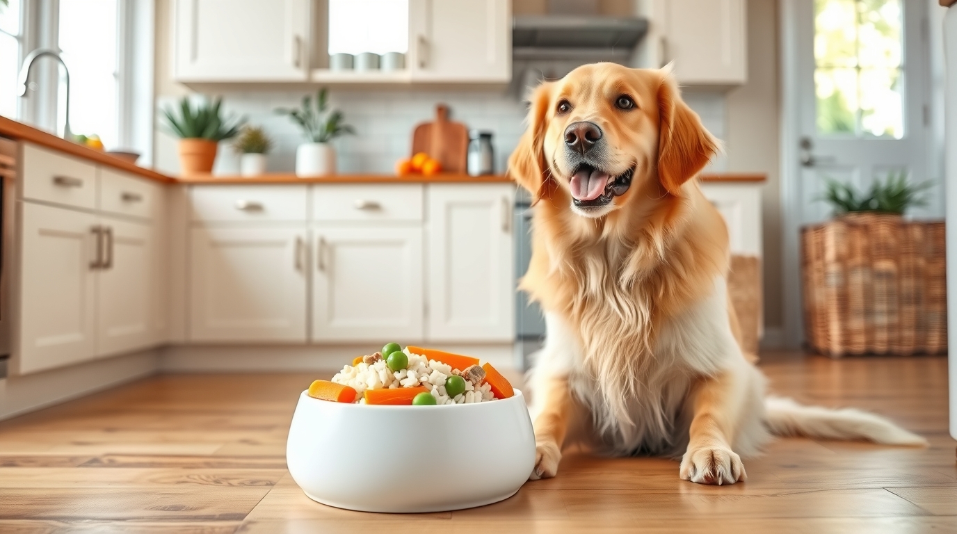 A happy Golden Retriever sitting beside a bowl of fresh homemade dog food with visible chicken, rice, carrots, and peas, bright daylight kitchen background, clean and cozy atmosphere