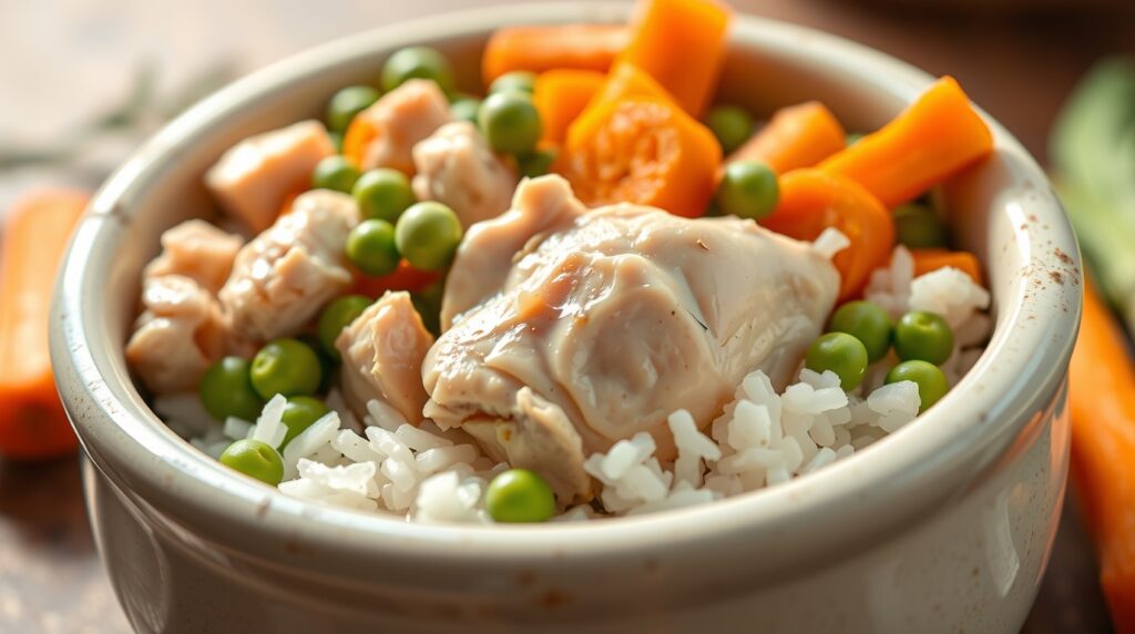 Dog eating a bowl of high-calorie homemade food — rice, paneer, peanut butter, and eggs — natural daylight kitchen background.”