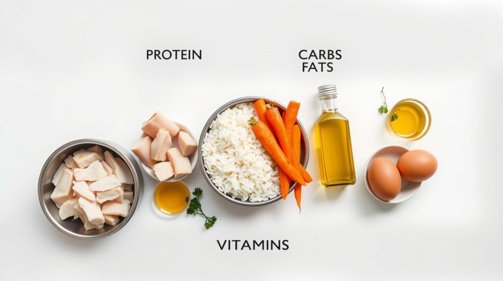 Close-up of a homemade dog food bowl with boiled chicken, rice, peas, and carrots, natural light highlighting freshness