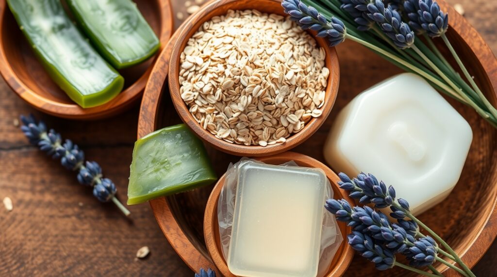 Amber and frosted glass bottles filled with homemade pet shampoo, handwritten labels, surrounded by natural ingredients, vintage wooden table, botanical aesthetic, calming tones, 4K professional product photography