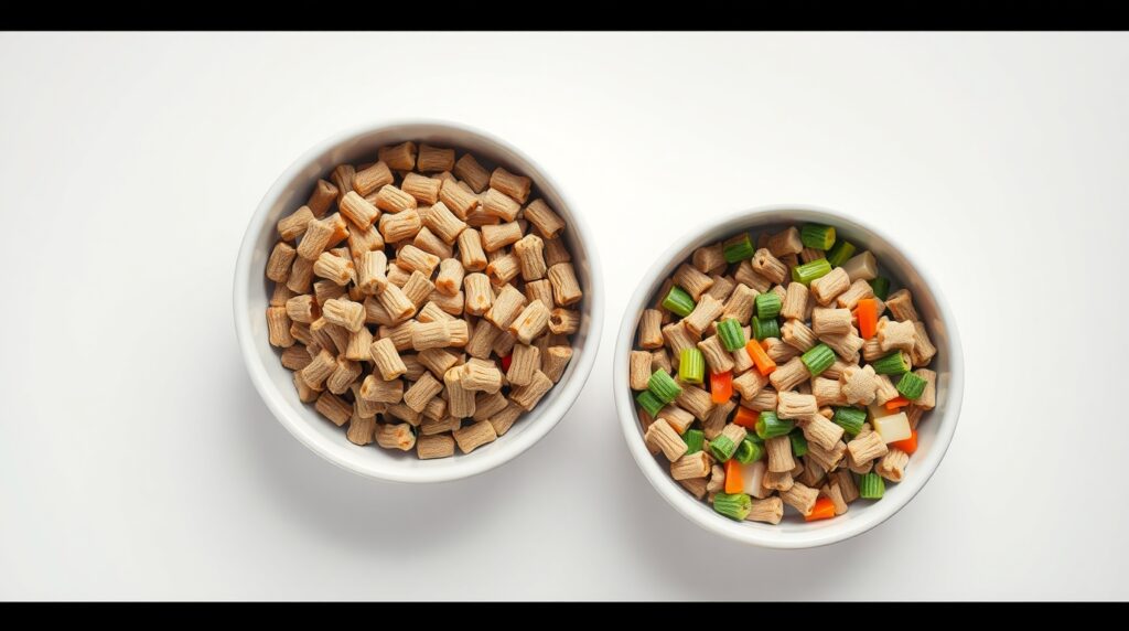 wo bowls side by side: cat food (high-protein kibble) and dog food (mixed kibble with veggies), overhead shot, clean background, sharp details, commercial photography style, 4K.