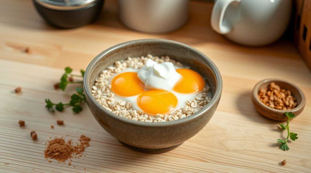 dog breakfast bowl with eggs, oats, and curd on wooden countertop