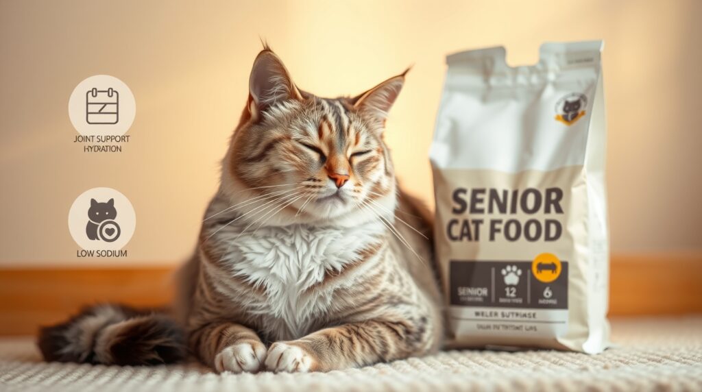 Senior male cat sitting next to labeled senior cat food bag, softer lighting, calm cozy environment, vet nutritional icons floating around (joint support, hydration, low sodium), high quality
