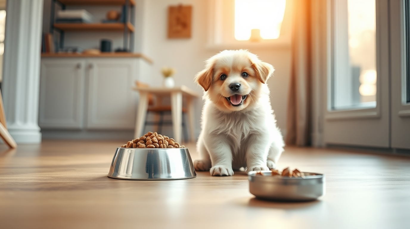 A healthy, happy puppy sitting beside a clean food bowl in a bright home environment, natural daylight, soft neutral tones, minimal background, realistic pet lifestyle photography, 4K resolution
