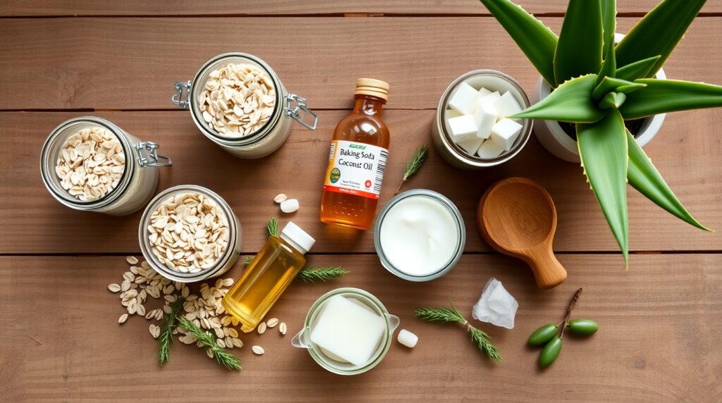 Flat lay of dog-safe shampoo ingredients: oats, baking soda, coconut oil, apple cider vinegar, aloe vera, glass jars, wooden table, clean eco-friendly look,