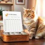 Cute fluffy domestic cat sitting beside a printable cat feeding schedule template on a wooden table, cozy modern home background, warm sunlight through window, aesthetic pet care setup, realistic photography, ultra detailed, soft shadows, high resolution, blog featured image style