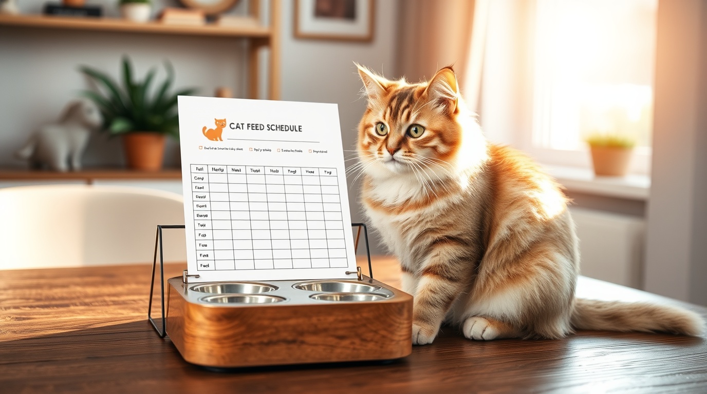 Cute fluffy domestic cat sitting beside a printable cat feeding schedule template on a wooden table, cozy modern home background, warm sunlight through window, aesthetic pet care setup, realistic photography, ultra detailed, soft shadows, high resolution, blog featured image style
