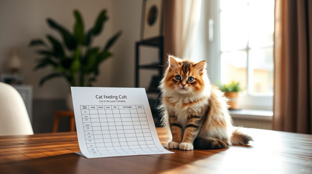 Cute fluffy domestic cat sitting beside a printable cat feeding schedule template on a wooden table, cozy modern home background, warm sunlight through window, aesthetic pet care setup, realistic photography, ultra detailed, soft shadows, high resolution, blog featured image style