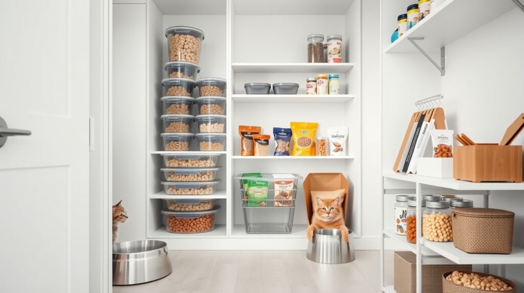 Neatly organized pet pantry featuring cat food containers, feeding bowls, treats, and pet supplies, minimalist home design, realistic interior photography, bright and clean composition