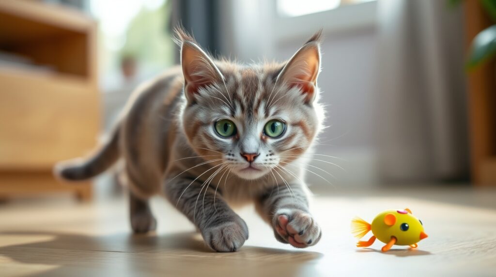 A playful female cat chasing a toy indoors, active and healthy lifestyle, dynamic movement, natural light, realistic pet photography, highly detailed fur, ultra realistic 4K
