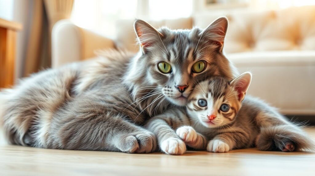 A mother cat resting beside her female kitten, warm family bonding moment, cozy indoor setting, realistic pet photography, soft sunlight, highly detailed fur, 4K resolution