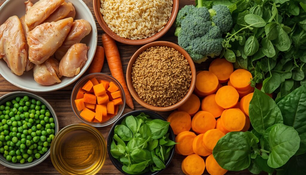Close-up of healthy homemade dog food ingredients including cooked chicken, brown rice, sweet potatoes, carrots, broccoli, pumpkin, peas, spinach, and fish oil arranged beautifully on a wooden table, premium food photography, ultra realistic 8K, no text.