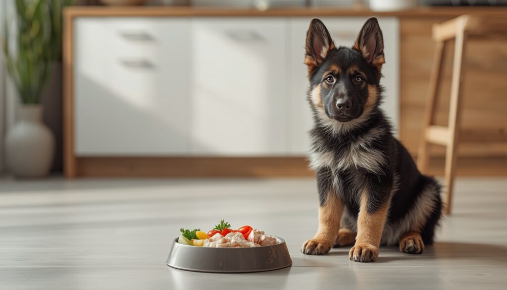 German Shepherd puppy sitting patiently beside a healthy homemade meal in a clean feeding area, balanced portion of chicken, vegetables, and rice, modern home environment, natural daylight, realistic pet photography, ultra detailed 8K, no text.