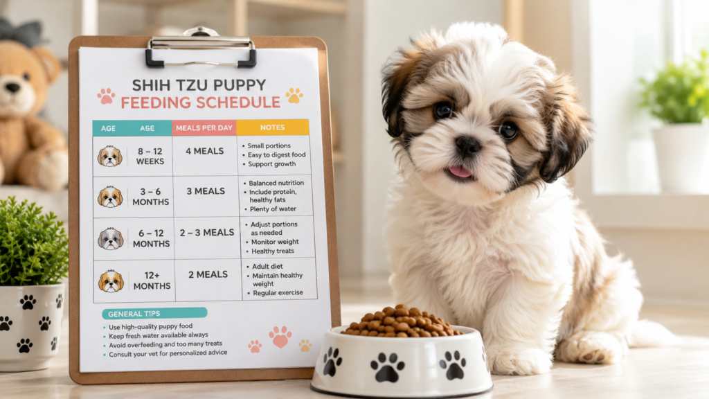 Printable Shih Tzu puppy feeding schedule chart on a clipboard beside a fluffy puppy and food bowl, organized pet care setup, realistic lifestyle photography"