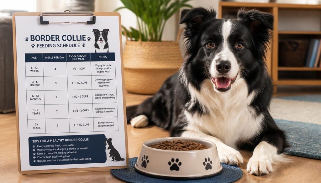 Printable Border Collie feeding schedule chart on clipboard beside food bowl and healthy Border Collie, organized pet care setup, realistic lifestyle photography, 16:9 aspect ratio"