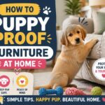 Vertical Pinterest-style design featuring an adorable puppy, protected furniture, chew toys, and bold text area saying 'How to Puppy Proof Furniture at Home', colorful, high CTR pet blog graphic, modern home aesthetic"