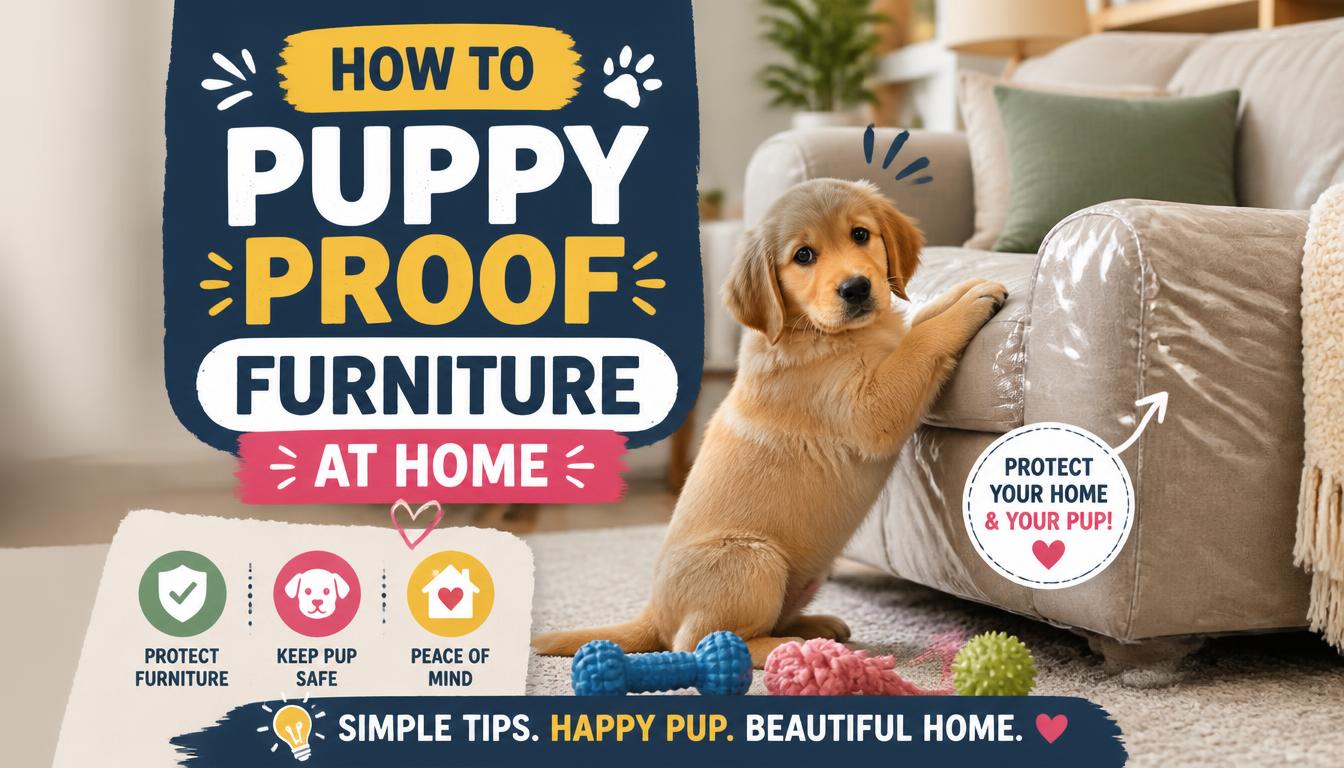 Vertical Pinterest-style design featuring an adorable puppy, protected furniture, chew toys, and bold text area saying 'How to Puppy Proof Furniture at Home', colorful, high CTR pet blog graphic, modern home aesthetic"