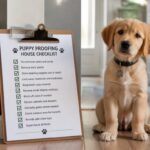 rintable puppy proofing house checklist on a clipboard with checkmarks, puppy sitting beside it in a clean modern home, organized pet safety concept, realistic lifestyle photography"