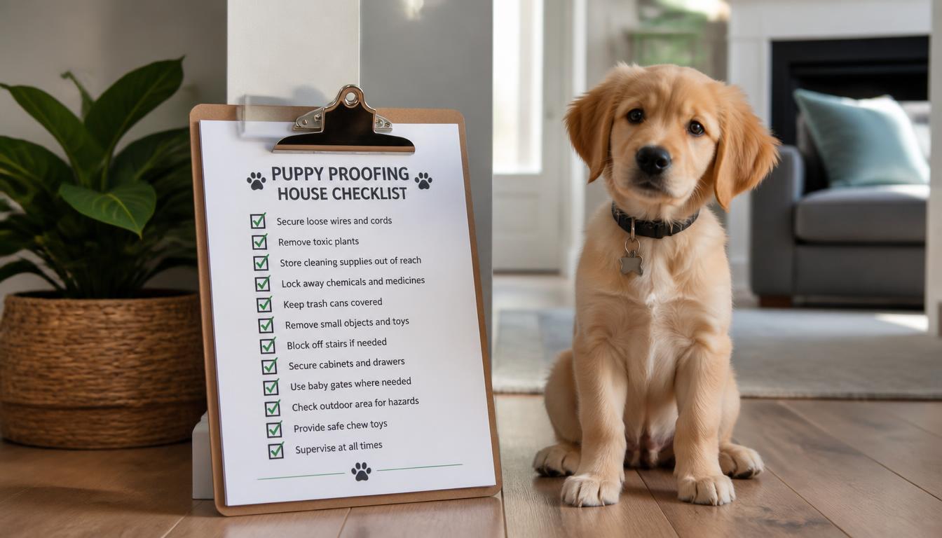 rintable puppy proofing house checklist on a clipboard with checkmarks, puppy sitting beside it in a clean modern home, organized pet safety concept, realistic lifestyle photography"