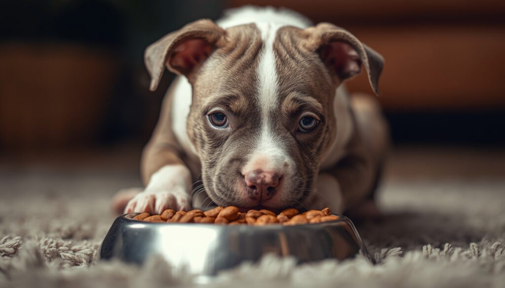 Adorable Pit Bull puppy eating nutritious puppy food from a bowl, cozy indoor setting, realistic pet photography, highly detailed fur texture, warm lighting"