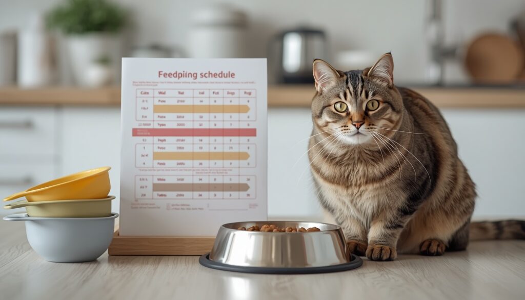 Cat feeding schedule chart next to measuring cups, cat food bowl, and curious tabby cat, modern kitchen setting, realistic pet care photography, 16:9 aspect ratio"