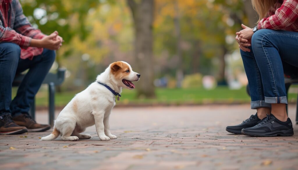 Friendly puppy meeting another dog in a park while owners supervise, happy socialization scene, realistic photography, vibrant outdoor environment