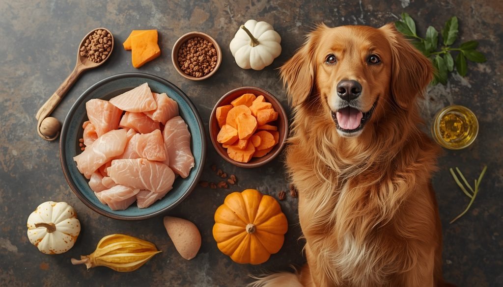 Premium dog food ingredients including salmon, chicken, sweet potatoes, pumpkin, and fish oil arranged beside a Nova Scotia Duck Tolling Retriever, realistic pet nutrition photography, 16:9 aspect ratio