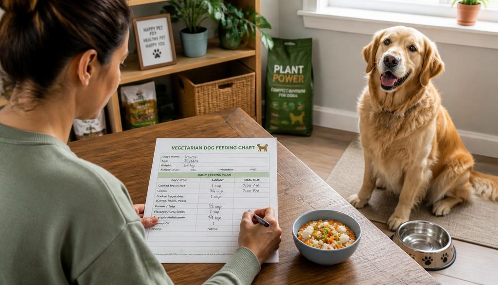 Dog owner filling out a printable vegetarian dog feeding chart while a happy dog waits near its food bowl, organized pet care environment, realistic lifestyle photography, 16:9 aspect ratio