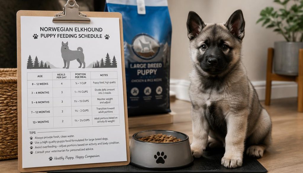 Printable Norwegian Elkhound puppy feeding schedule chart on clipboard beside puppy food bowl and healthy puppy, organized pet care setup, realistic lifestyle photography, 16:9 aspect ratio