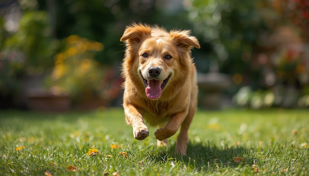 Energetic healthy dog playing in a garden after eating a balanced vegetarian meal, shiny coat, vibrant outdoor setting, realistic pet photography, 16:9 aspect ratio